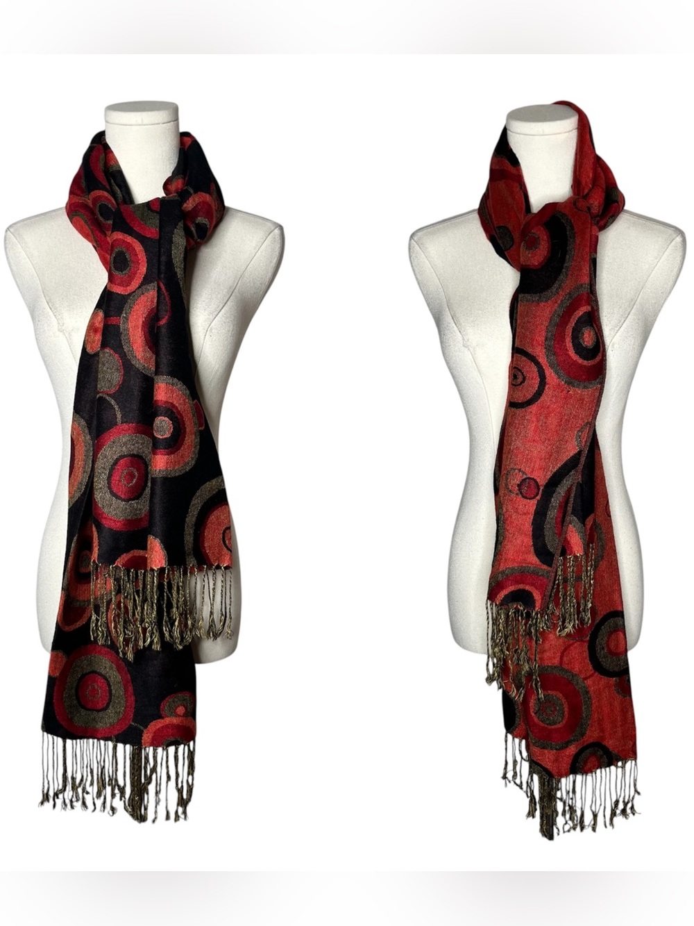 Pashmina Circle Print Fringe Trim Shawl Wrap Scarf Boho Artsy Lagenlook Evening